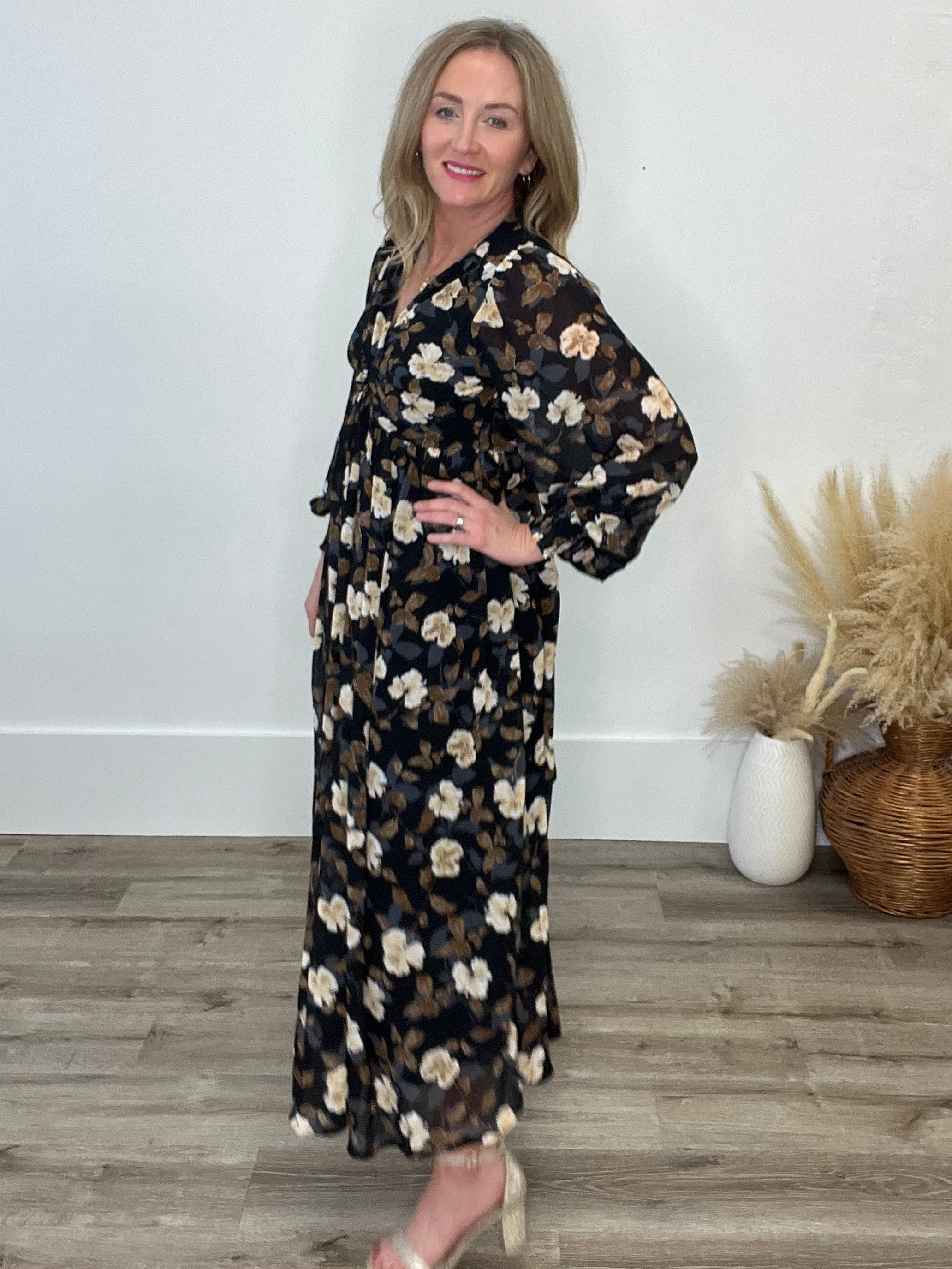 Floral Twist Wrap Maxi Dress - Black-Dress- Hometown Style HTS, women's in store and online boutique located in Ingersoll, Ontario