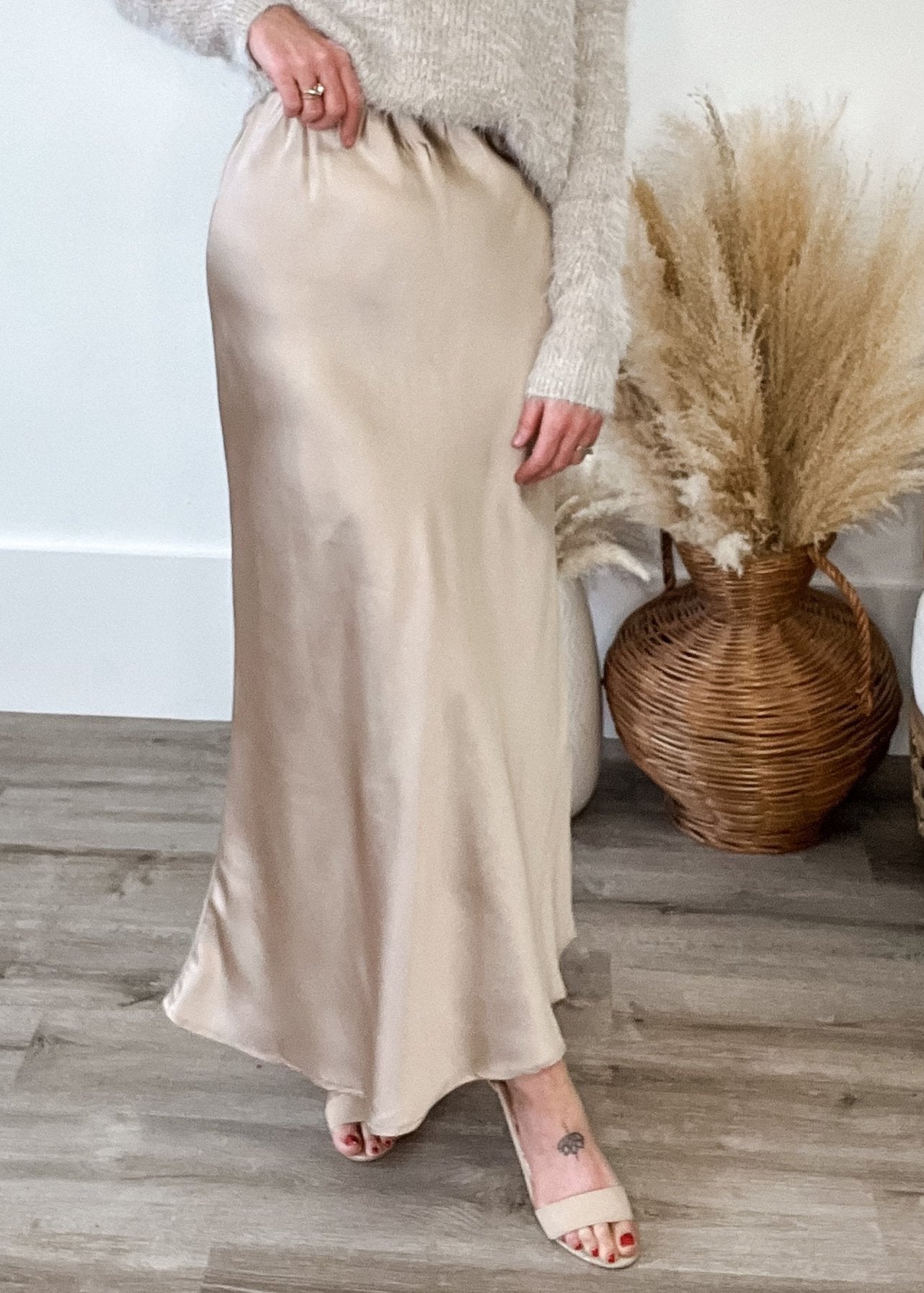 Satin Midi Skirt - Champagne- Hometown Style HTS, women's in store and online boutique located in Ingersoll, Ontario