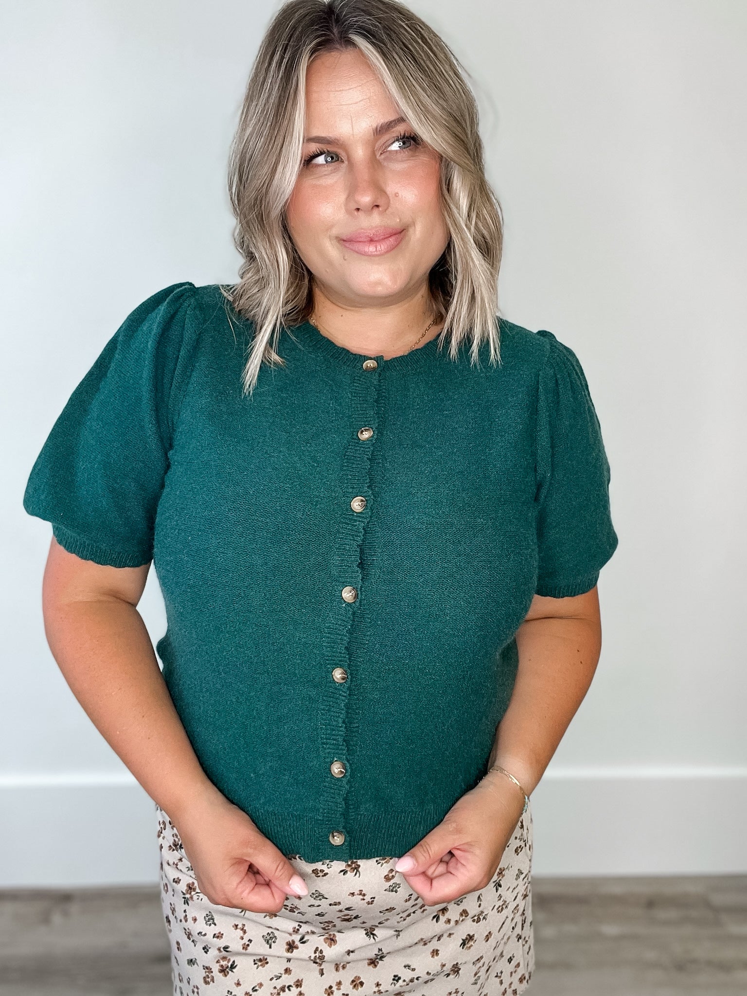 Puff Sleeve Button up Cardigan - Forest-Sweaters and Cardigans- Hometown Style HTS, women's in store and online boutique located in Ingersoll, Ontario