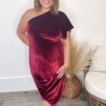 One Shoulder Velvet Wrap Dress - Wine-dresses- Hometown Style HTS, women's in store and online boutique located in Ingersoll, Ontario