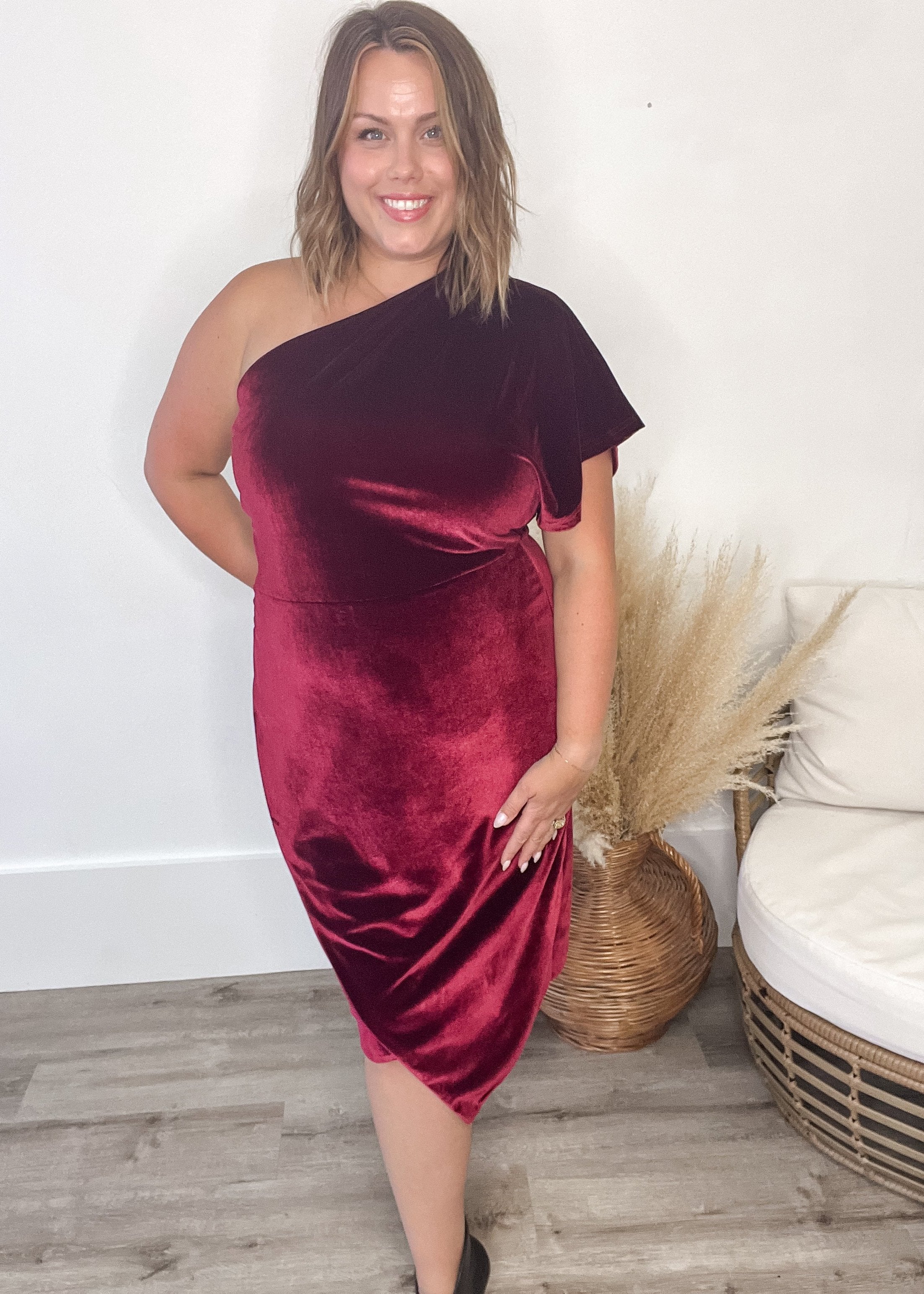 One Shoulder Velvet Wrap Dress - Wine-dresses- Hometown Style HTS, women's in store and online boutique located in Ingersoll, Ontario