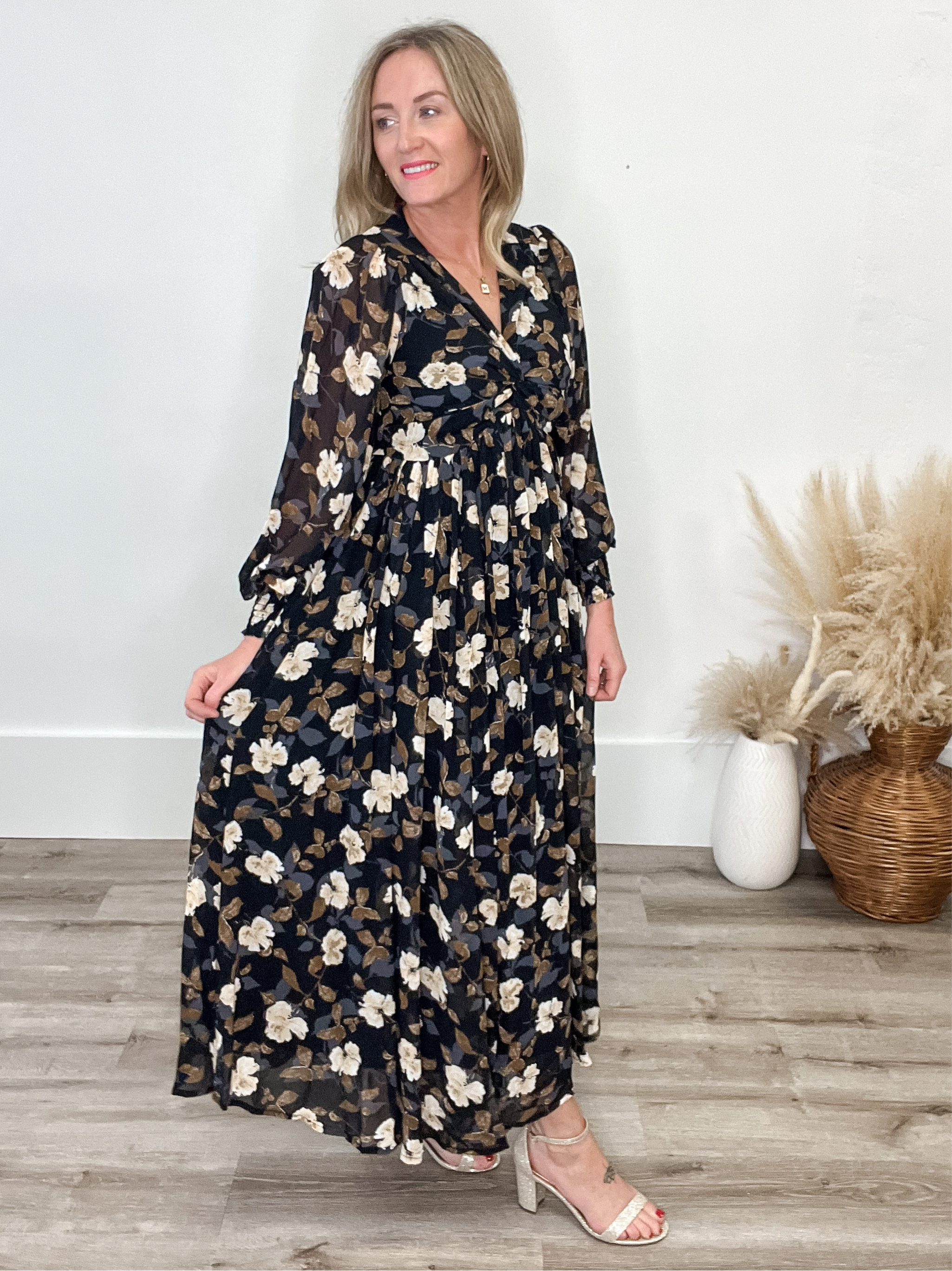 Floral Twist Wrap Maxi Dress - Black-Dress- Hometown Style HTS, women's in store and online boutique located in Ingersoll, Ontario