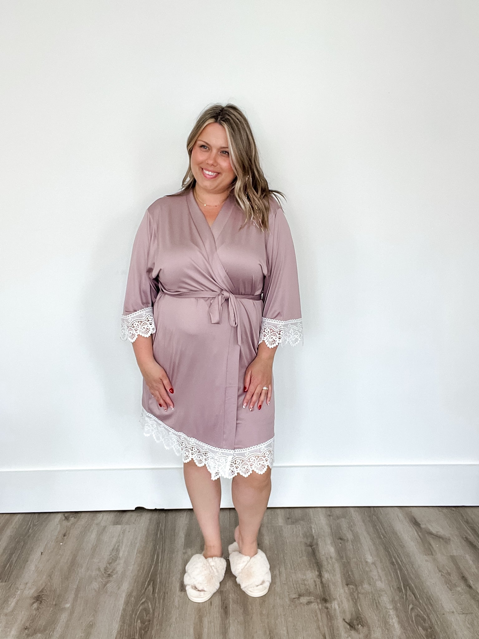 Women's Jersey Knit Robe with Lace Trim - Mauve-Intimates- Hometown Style HTS, women's in store and online boutique located in Ingersoll, Ontario