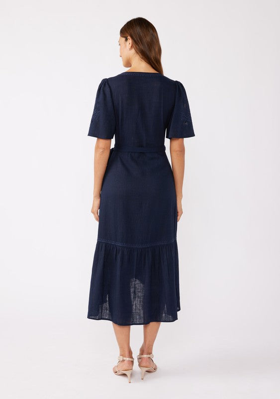 Embroidered Wrap Midi Dress - Navy-dress- Hometown Style HTS, women's in store and online boutique located in Ingersoll, Ontario