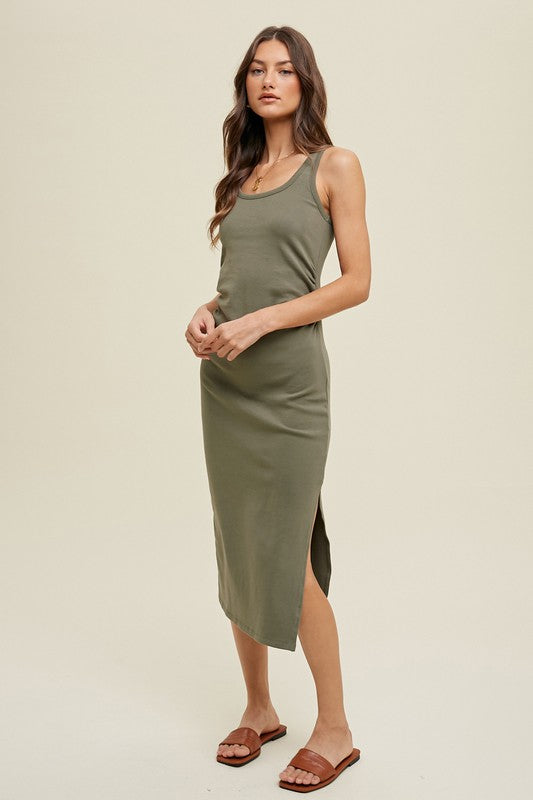 Ruched Side Knit Midi Dress - Olive-Dresses- Hometown Style HTS, women's in store and online boutique located in Ingersoll, Ontario