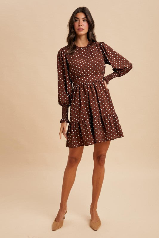 Polka Dot Ruffled Mini Dress - Brown-Special Occasion Dresses- Hometown Style HTS, women's in store and online boutique located in Ingersoll, Ontario