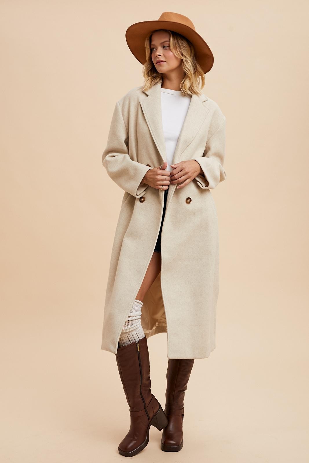 Double Breasted Lapel Duster Coat - Almond-Coats & Jackets- Hometown Style HTS, women's in store and online boutique located in Ingersoll, Ontario