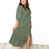 Button Down Tiered Midi Dress - Olive-Dress- Hometown Style HTS, women's in store and online boutique located in Ingersoll, Ontario