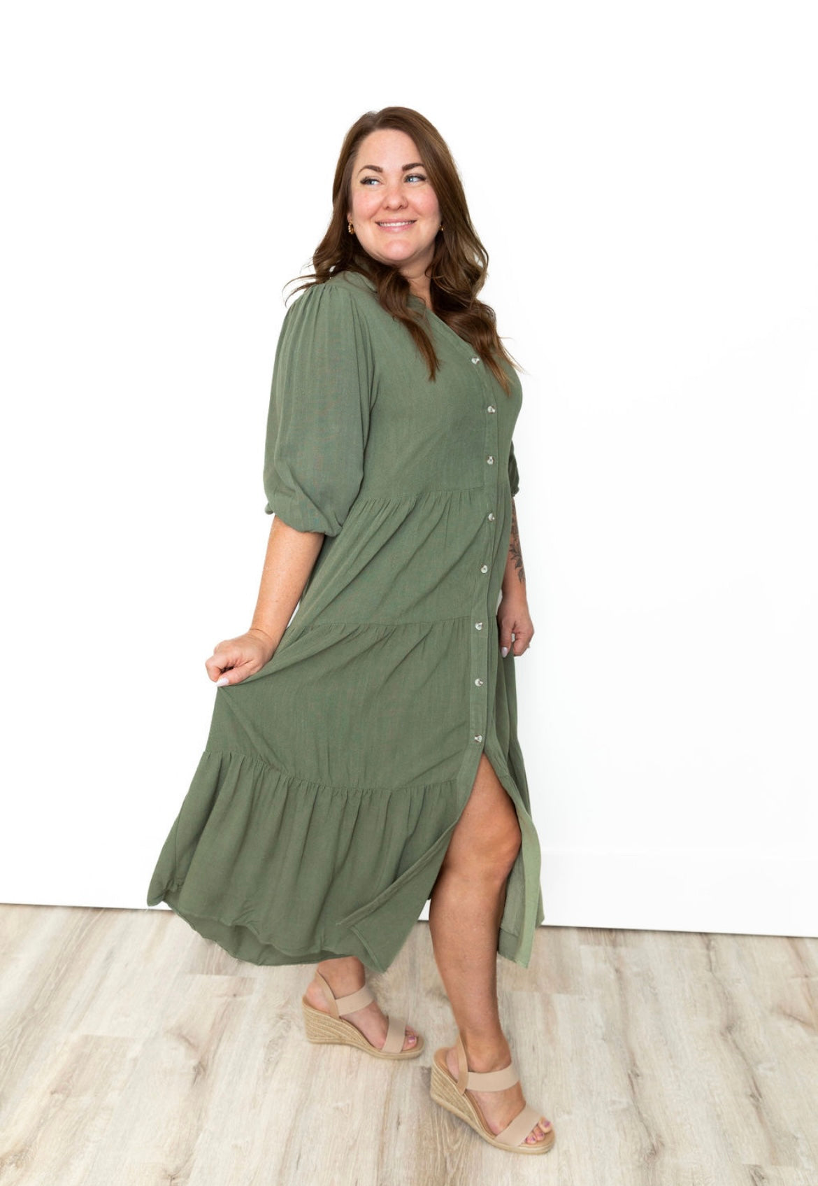 Button Down Tiered Midi Dress - Olive-Dress- Hometown Style HTS, women's in store and online boutique located in Ingersoll, Ontario