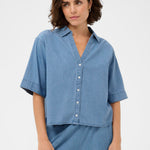 KAjade Denim Shirt - Medium Blue-Casual Tops- Hometown Style HTS, women's in store and online boutique located in Ingersoll, Ontario