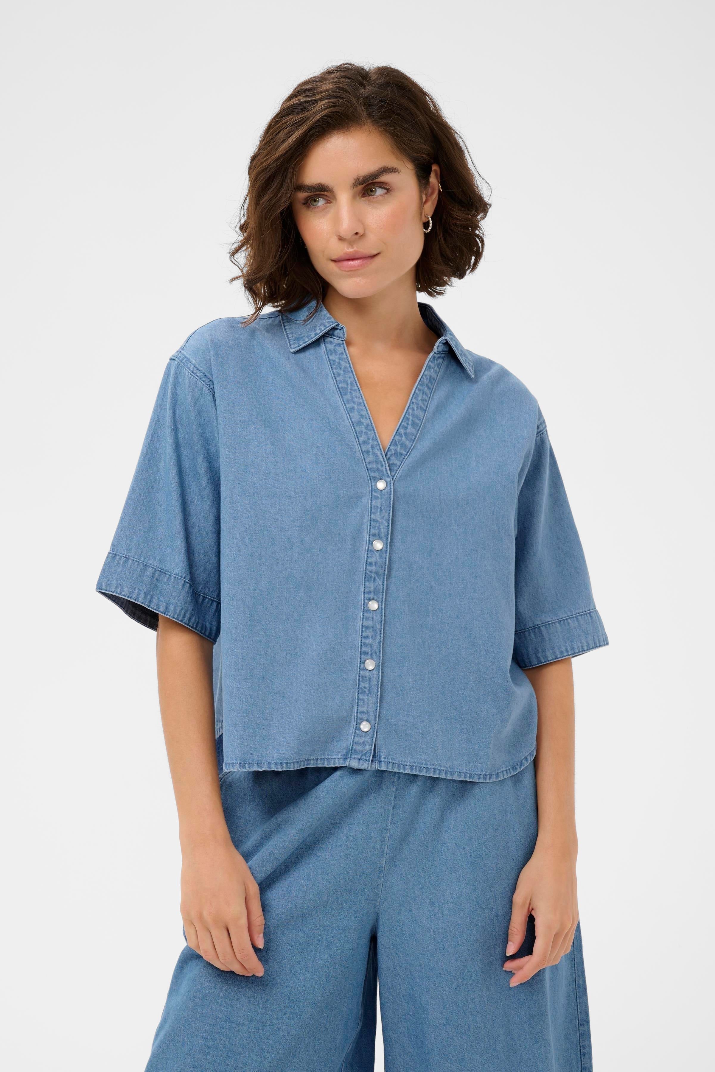 KAjade Denim Shirt - Medium Blue-Casual Tops- Hometown Style HTS, women's in store and online boutique located in Ingersoll, Ontario