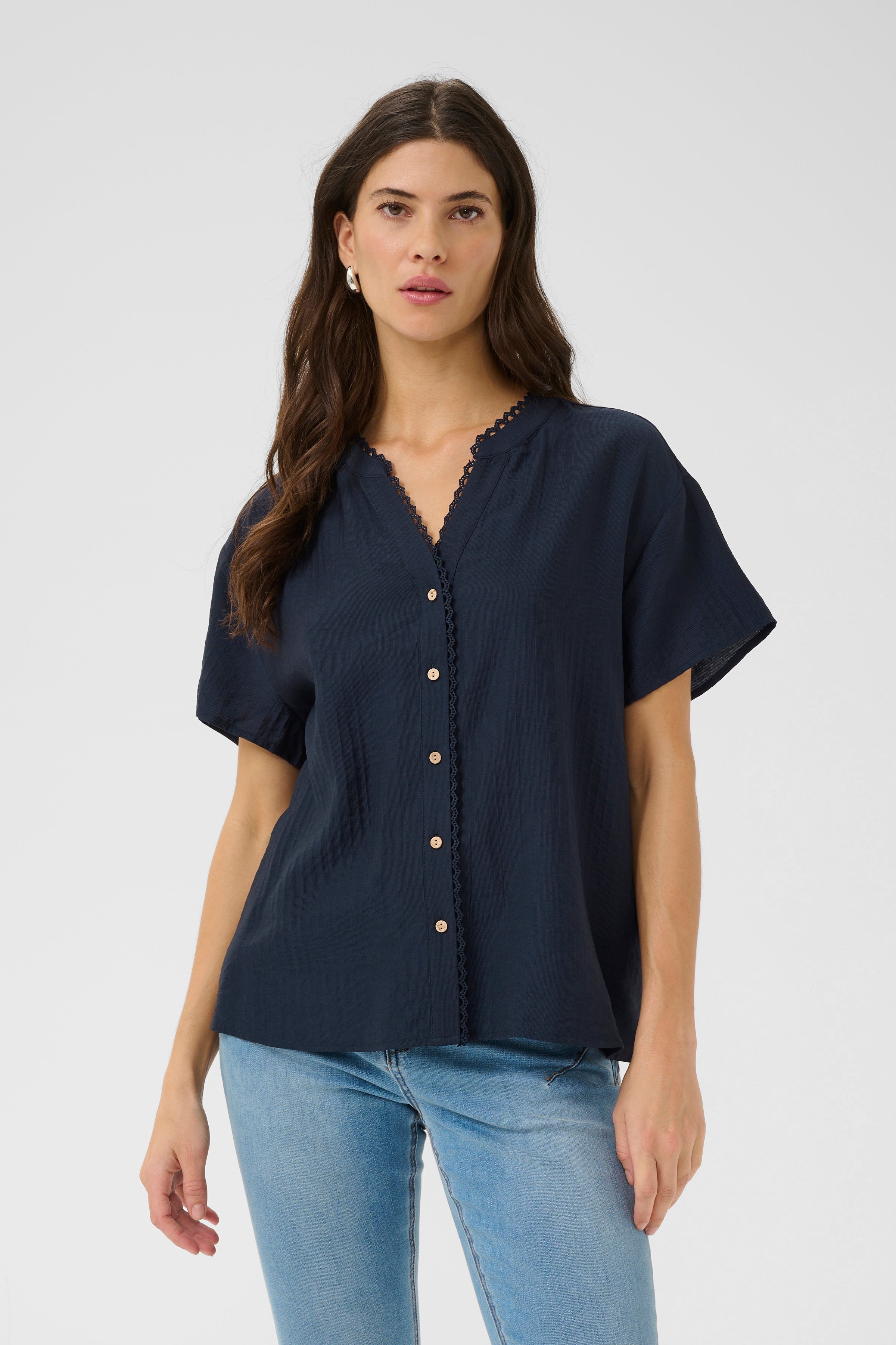 CRLori Lace Shirt - Navy-Casual Tops- Hometown Style HTS, women's in store and online boutique located in Ingersoll, Ontario