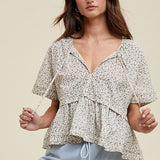 Floral Babydoll Blouse - Charcoal/Cream-blouse- Hometown Style HTS, women's in store and online boutique located in Ingersoll, Ontario