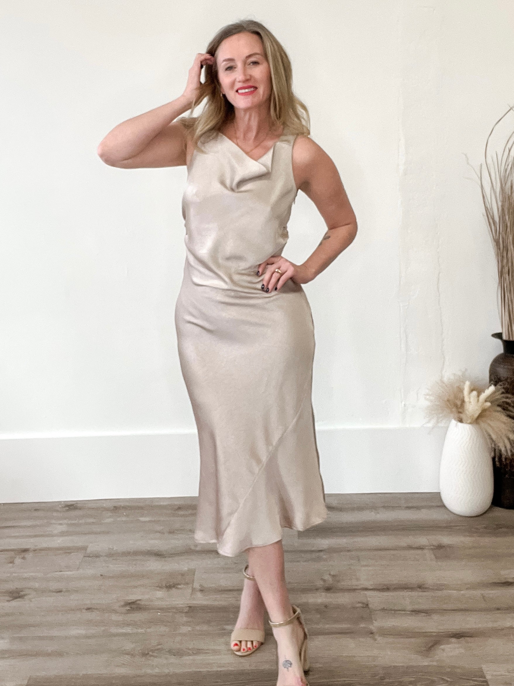 Cowl Satin Midi Dress - Champagne-dress- Hometown Style HTS, women's in store and online boutique located in Ingersoll, Ontario