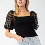 Mesh Puff Sleeve Top - Black-Tops- Hometown Style HTS, women's in store and online boutique located in Ingersoll, Ontario