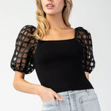 Mesh Puff Sleeve Top - Black-Tops- Hometown Style HTS, women's in store and online boutique located in Ingersoll, Ontario