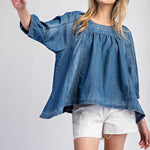 Mineral Washed 3/4 Sleeve Top - Denim-Tops- Hometown Style HTS, women's in store and online boutique located in Ingersoll, Ontario