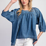 Mineral Washed 3/4 Sleeve Top - Denim-Tops- Hometown Style HTS, women's in store and online boutique located in Ingersoll, Ontario