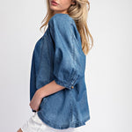 Mineral Washed 3/4 Sleeve Top - Denim-Tops- Hometown Style HTS, women's in store and online boutique located in Ingersoll, Ontario
