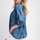 Mineral Washed 3/4 Sleeve Top - Denim-Tops- Hometown Style HTS, women's in store and online boutique located in Ingersoll, Ontario