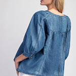 Mineral Washed 3/4 Sleeve Top - Denim-Tops- Hometown Style HTS, women's in store and online boutique located in Ingersoll, Ontario