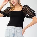 Mesh Puff Sleeve Top - Black-Tops- Hometown Style HTS, women's in store and online boutique located in Ingersoll, Ontario