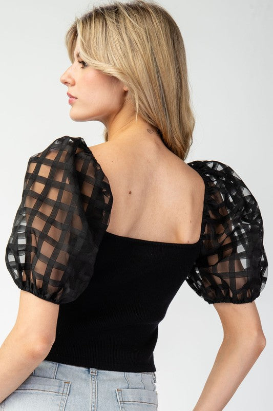 Mesh Puff Sleeve Top - Black-Tops- Hometown Style HTS, women's in store and online boutique located in Ingersoll, Ontario