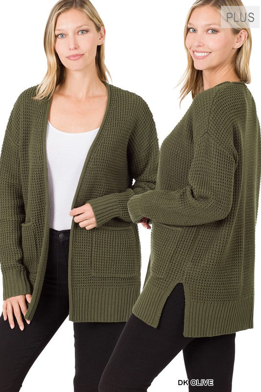 Open Front Waffle Cardi - Olive-Sweater- Hometown Style HTS, women's in store and online boutique located in Ingersoll, Ontario