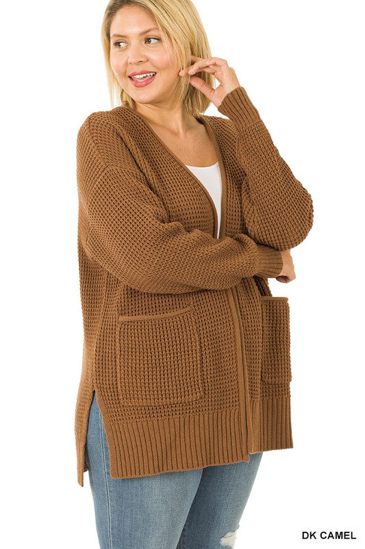 Open Front Waffle Cardi - Camel-Sweater- Hometown Style HTS, women's in store and online boutique located in Ingersoll, Ontario