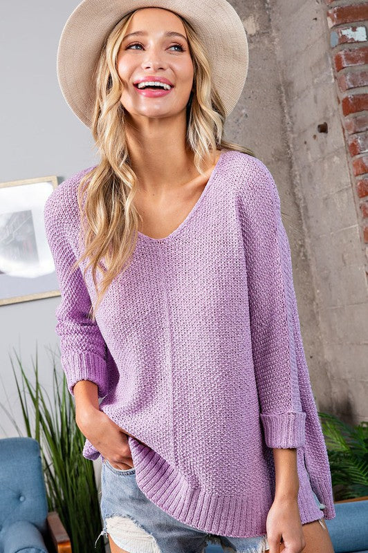 Crew Neck, Knit Sweater - Lavender-Sweater- Hometown Style HTS, women's in store and online boutique located in Ingersoll, Ontario