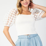 Mesh Puff Sleeve Top - White-tops- Hometown Style HTS, women's in store and online boutique located in Ingersoll, Ontario