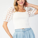 Mesh Puff Sleeve Top - White-tops- Hometown Style HTS, women's in store and online boutique located in Ingersoll, Ontario