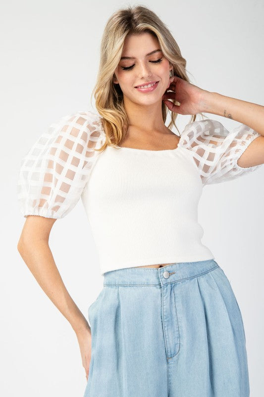 Mesh Puff Sleeve Top - White-tops- Hometown Style HTS, women's in store and online boutique located in Ingersoll, Ontario