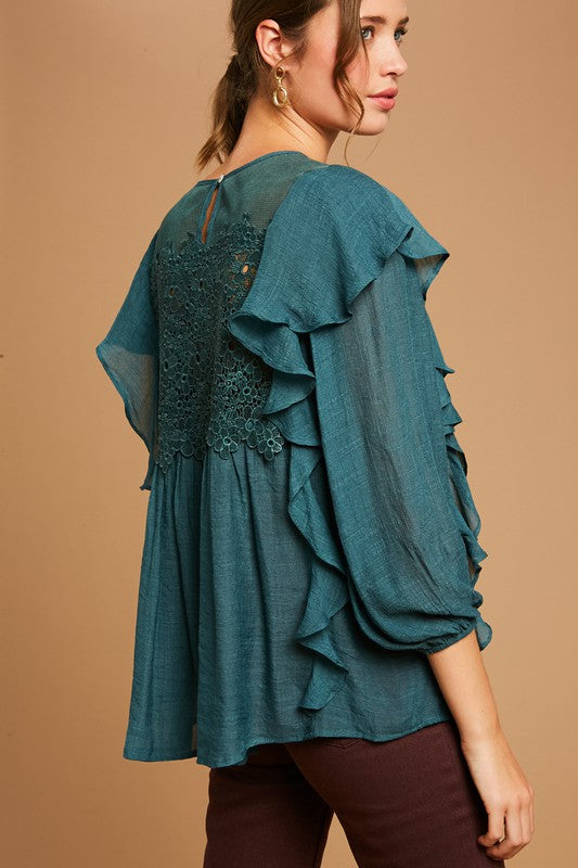Textured Ruffle Lace Top - Dark Teal-blouse- Hometown Style HTS, women's in store and online boutique located in Ingersoll, Ontario