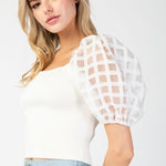 Mesh Puff Sleeve Top - White-tops- Hometown Style HTS, women's in store and online boutique located in Ingersoll, Ontario