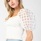 Mesh Puff Sleeve Top - White-tops- Hometown Style HTS, women's in store and online boutique located in Ingersoll, Ontario