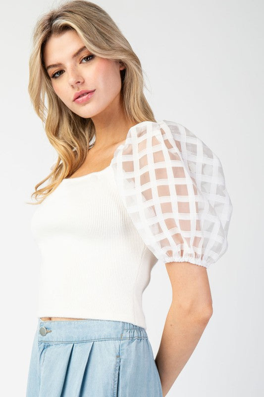 Mesh Puff Sleeve Top - White-tops- Hometown Style HTS, women's in store and online boutique located in Ingersoll, Ontario