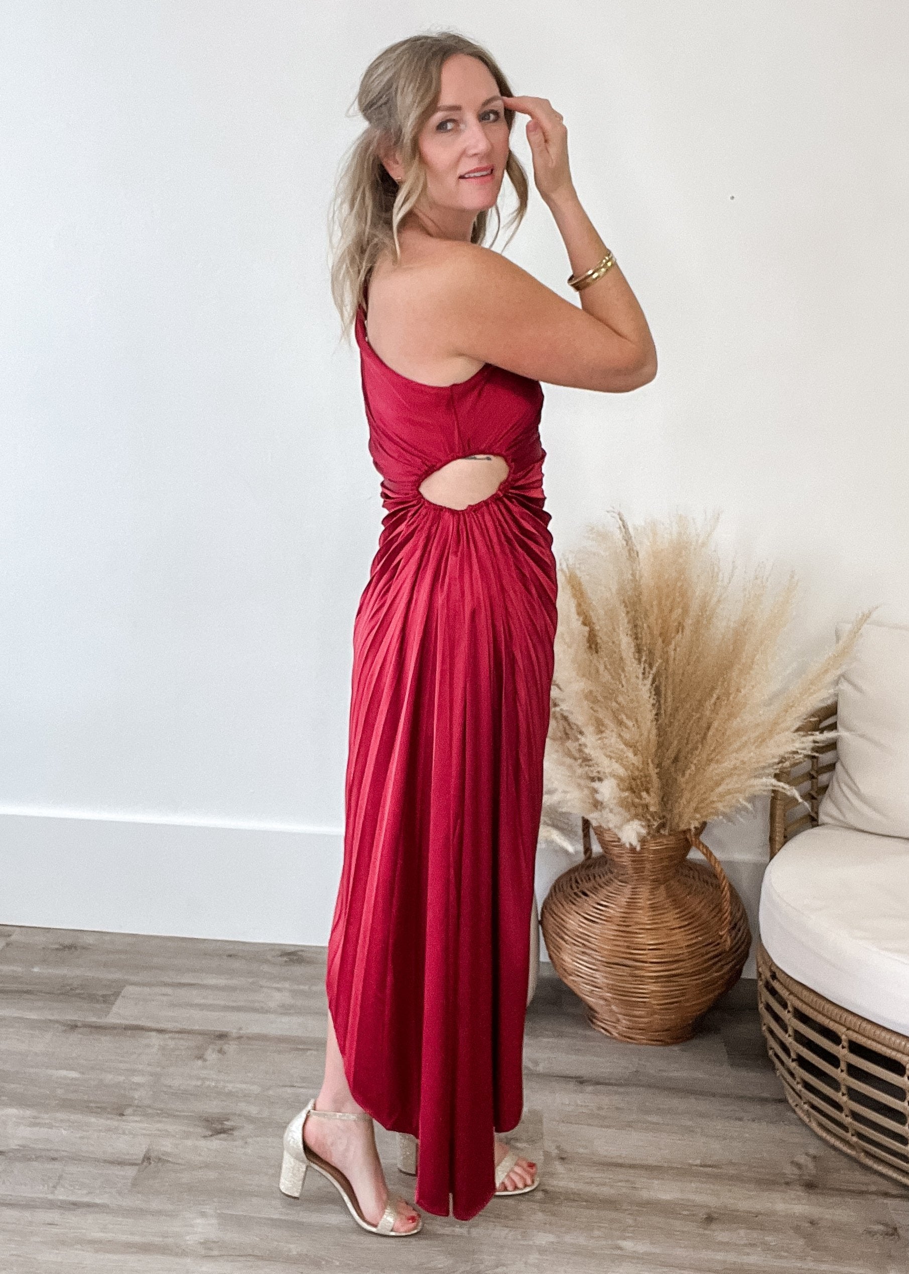 One Shoulder Pleated Dress - Wine-Dress- Hometown Style HTS, women's in store and online boutique located in Ingersoll, Ontario