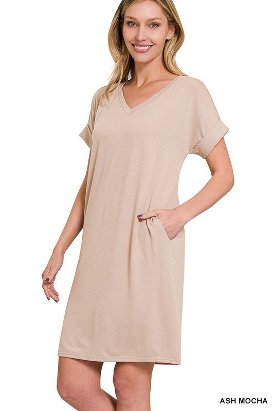 Short Sleeve, V neck Dress - Ash Mocha-Dress- Hometown Style HTS, women's in store and online boutique located in Ingersoll, Ontario