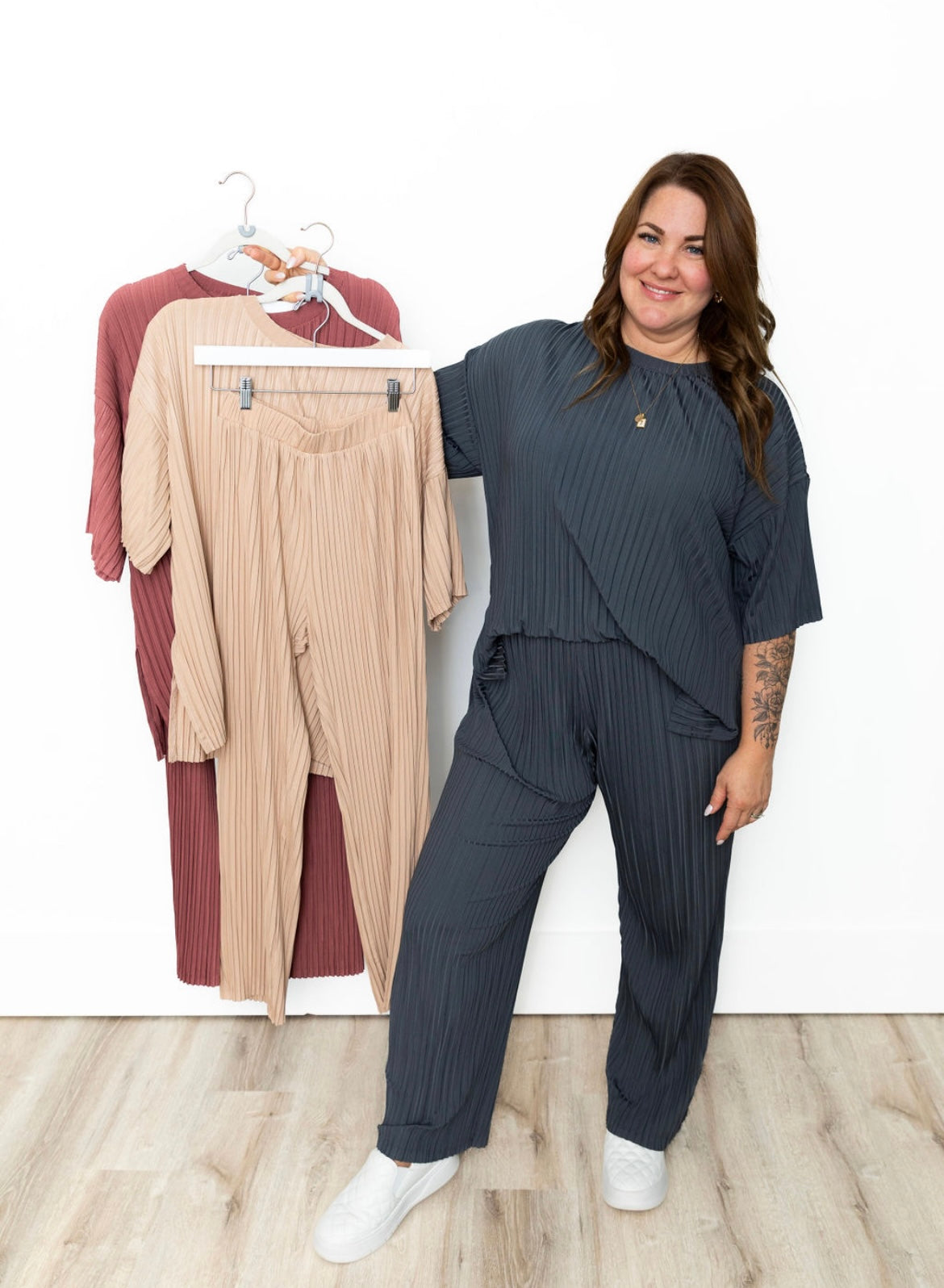 Pleated Tee & Pants - Charcoal-set- Hometown Style HTS, women's in store and online boutique located in Ingersoll, Ontario