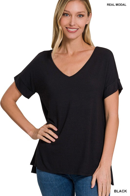 Modal V Neckline Tee - Black-tee- Hometown Style HTS, women's in store and online boutique located in Ingersoll, Ontario