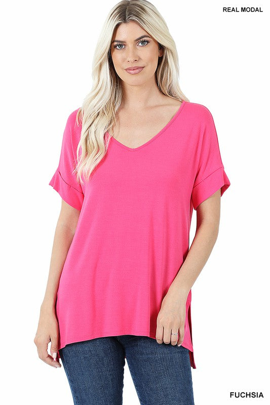 Modal V Neckline Tee - Fuchsia-tee- Hometown Style HTS, women's in store and online boutique located in Ingersoll, Ontario