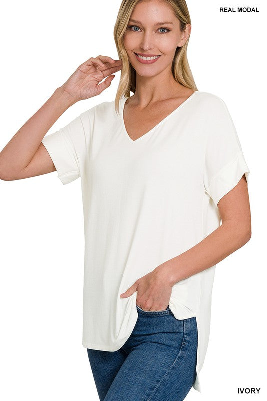 Modal V Neckline Tee - Ivory-tee- Hometown Style HTS, women's in store and online boutique located in Ingersoll, Ontario