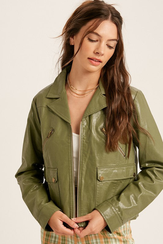 Faux Leather Biker Jacket - Olive-Coats & Jackets- Hometown Style HTS, women's in store and online boutique located in Ingersoll, Ontario