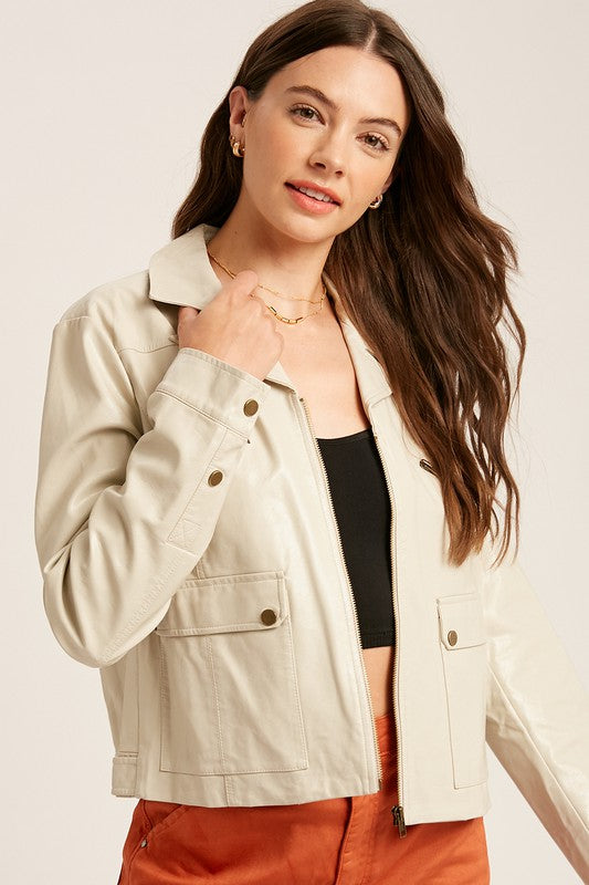 Faux Leather Biker Jacket - Cream-Coats & Jackets- Hometown Style HTS, women's in store and online boutique located in Ingersoll, Ontario