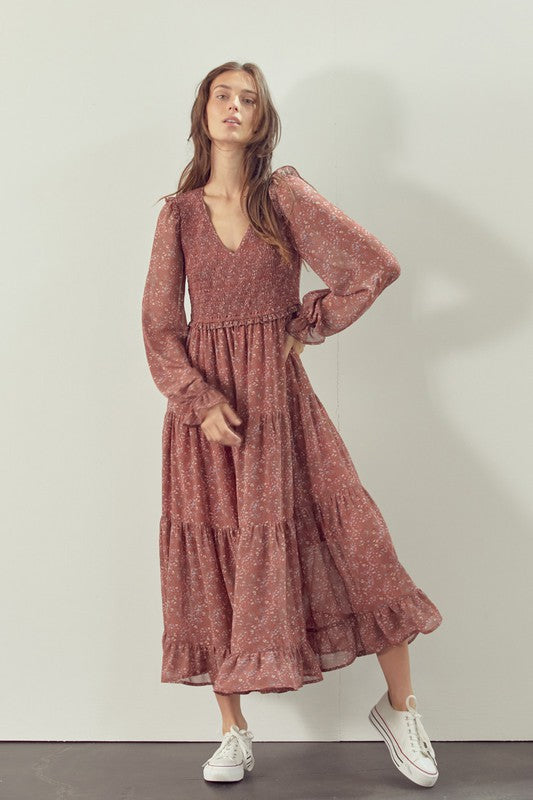 V Neckline Smocked Bodice Dress - Clay-Dress- Hometown Style HTS, women's in store and online boutique located in Ingersoll, Ontario