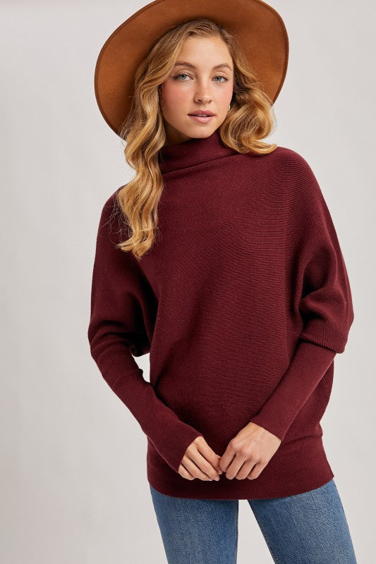 Slouch Neck, Dolman Sleeve Sweater - Wine-sweater- Hometown Style HTS, women's in store and online boutique located in Ingersoll, Ontario