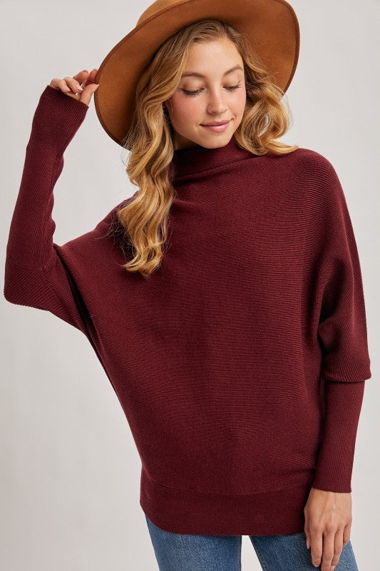 Slouch Neck, Dolman Sleeve Sweater - Wine-sweater- Hometown Style HTS, women's in store and online boutique located in Ingersoll, Ontario