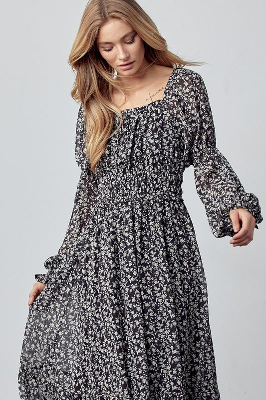 Ditsy Floral Midi Dress - Black-Dress- Hometown Style HTS, women's in store and online boutique located in Ingersoll, Ontario