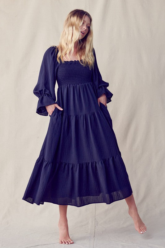 Long Sleeve Tiered Dress - Navy-Dress- Hometown Style HTS, women's in store and online boutique located in Ingersoll, Ontario